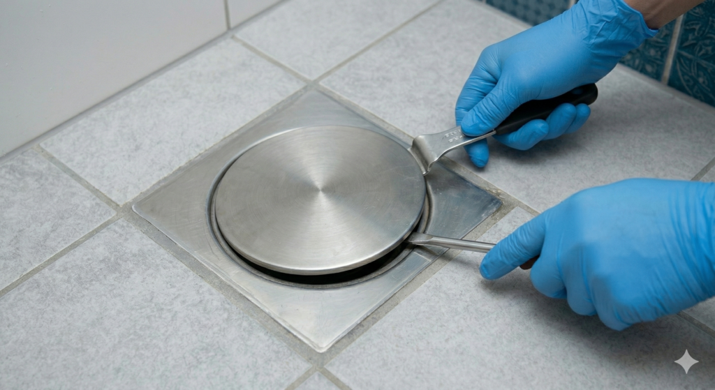 Nainen avaa lattiakaivon kantta