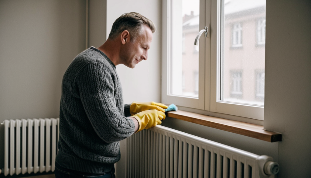 Nelikymppinen mies keltaisissa kumikäsineissä harjaa puisella harjalla pölyistä valkoista lämpöpatteria ennen lämmityskauden