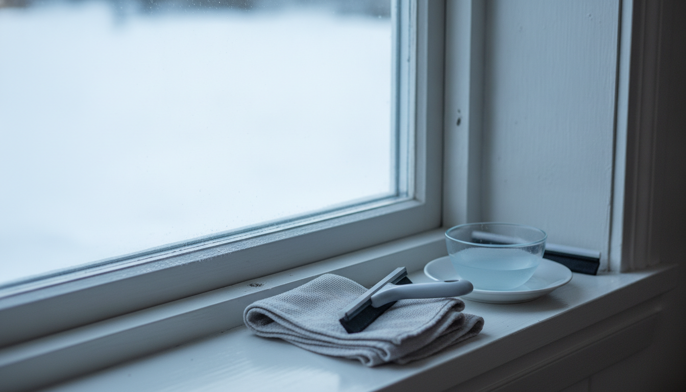 Puinen ikkunanpurske ja kirkas ikkunalasi, jonka vieressä on taiteltu mikrokuituliina, kuivain ja sinertävää