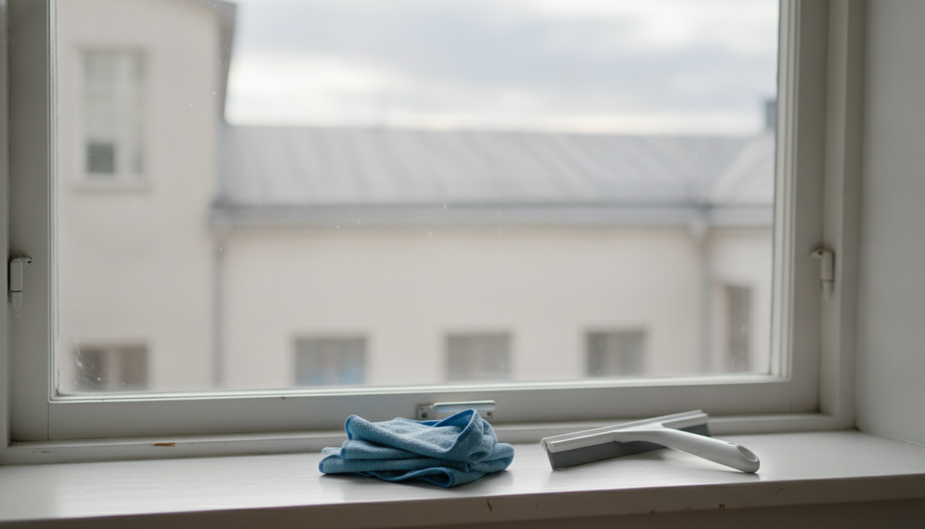 Puhdas kerrostaloasunnon ikkuna sisältä kuvattuna, ikkunalaudalla taiteltuna mikrokuituliina ja pieni kumiterällinen