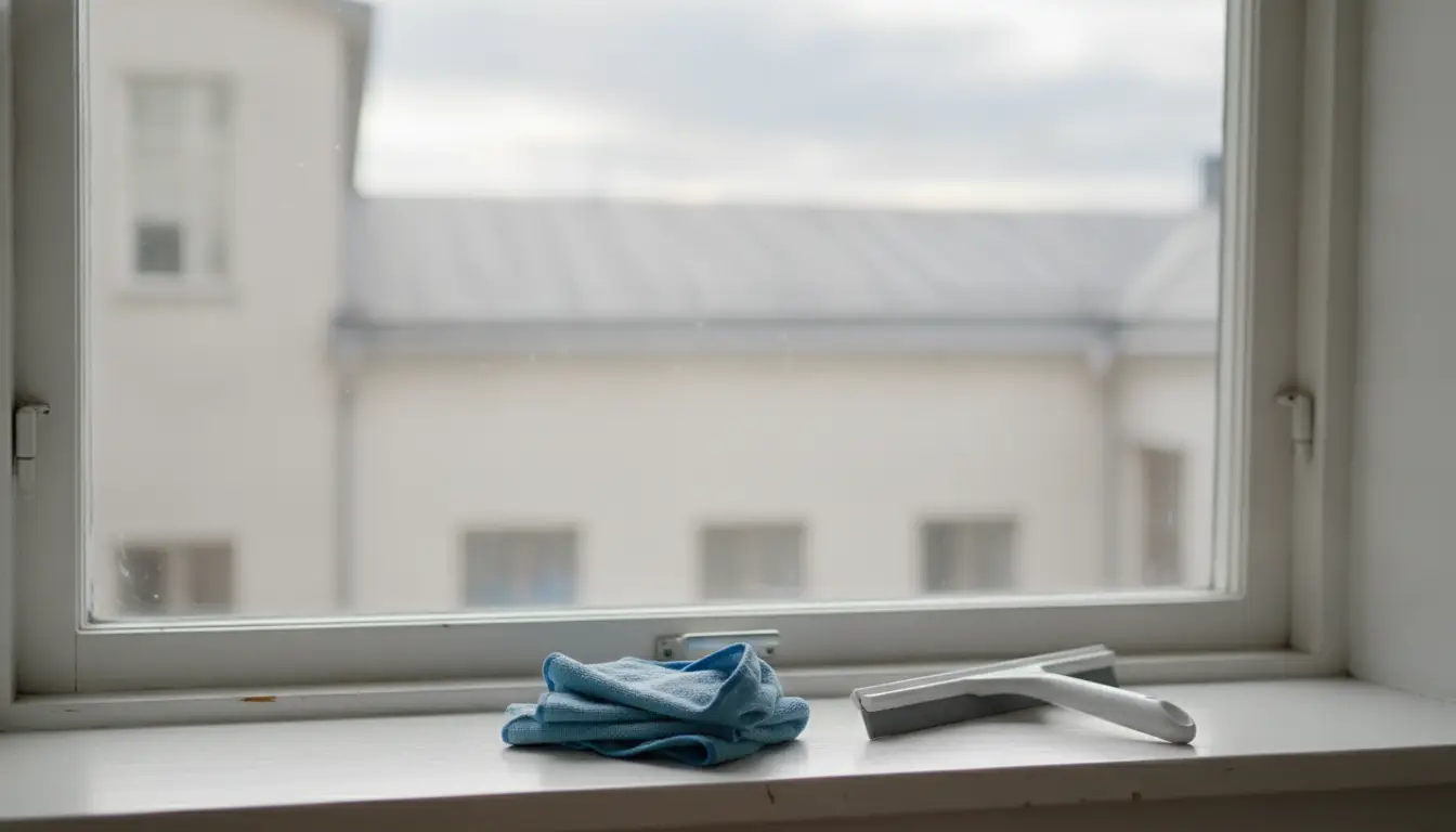 Puhdas kerrostaloasunnon ikkuna sisältä kuvattuna, ikkunalaudalla taiteltuna mikrokuituliina ja pieni kumiterällinen