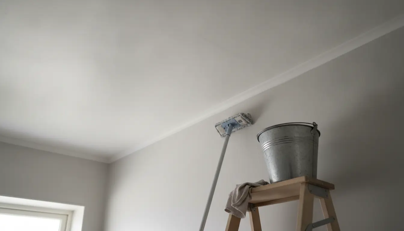 Siisti valkoinen sisäkatto kuvattuna alakulmasta, vieressä pitkävartinen moppi mikrokuitutyynyllä, taiteltu liina ja