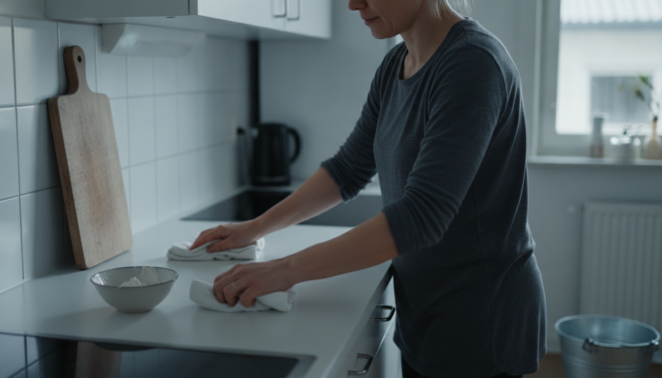 Nainen pyyhkii laminaattitasoa valkoisella mikrokuituliinalla, ja vieressä tiskillä on avonainen kulho vaaleaa