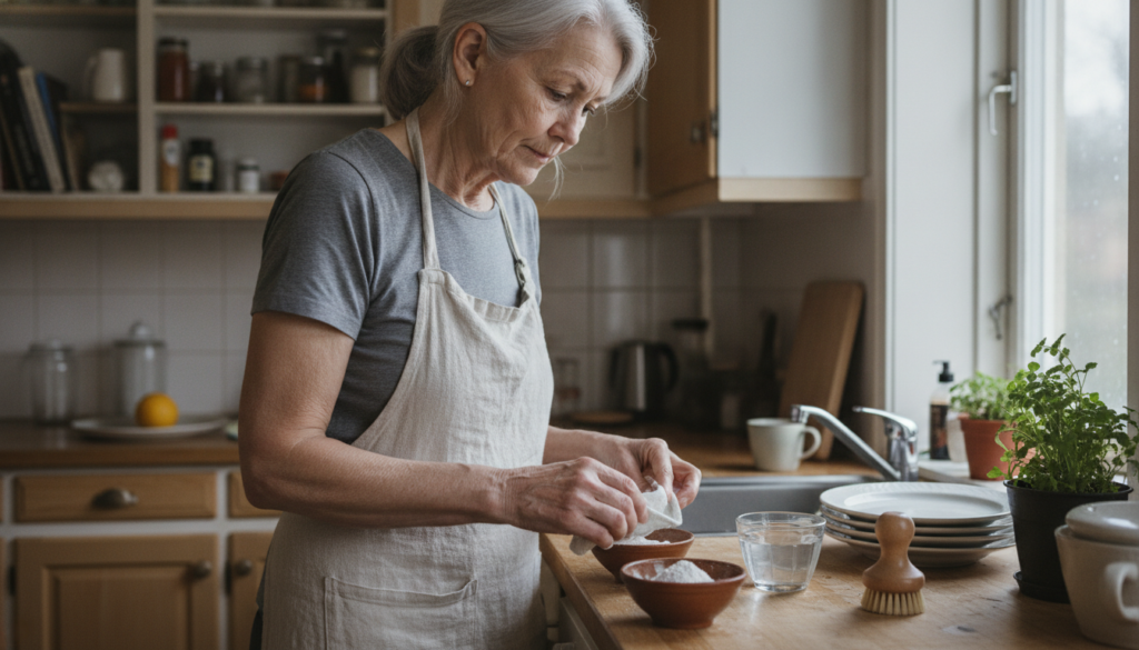 Harmaahiuksinen nainen seisoo keittiön tiskialtaan ääressä essu päällään ja katsoo tiskipöydällä olevia kulhoja, joissa on