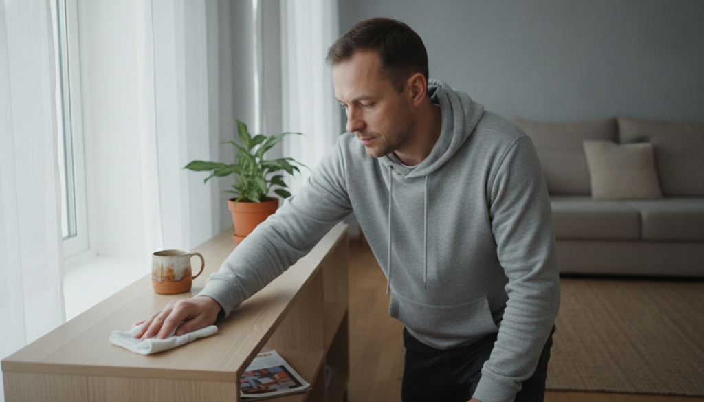Kolmikymppinen mies pyyhkii valkoisella mikrokuitupyyhkeellä puuhyllyn pintaa vaaleassa olohuoneessa, jossa hyllyllä on