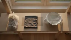 Vaalea puuhylly, jolla on rinnakkain harmaa pölyhuiska, tummanharmaa mikrokuituliina ja valkoinen nihkeä liina pienessä