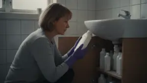 Viisikymppinen nainen kyykistyy kylpyhuoneen allaskaapin vieressä purppurat kumihanskat kädessä ja lukee puhdistusainepullon